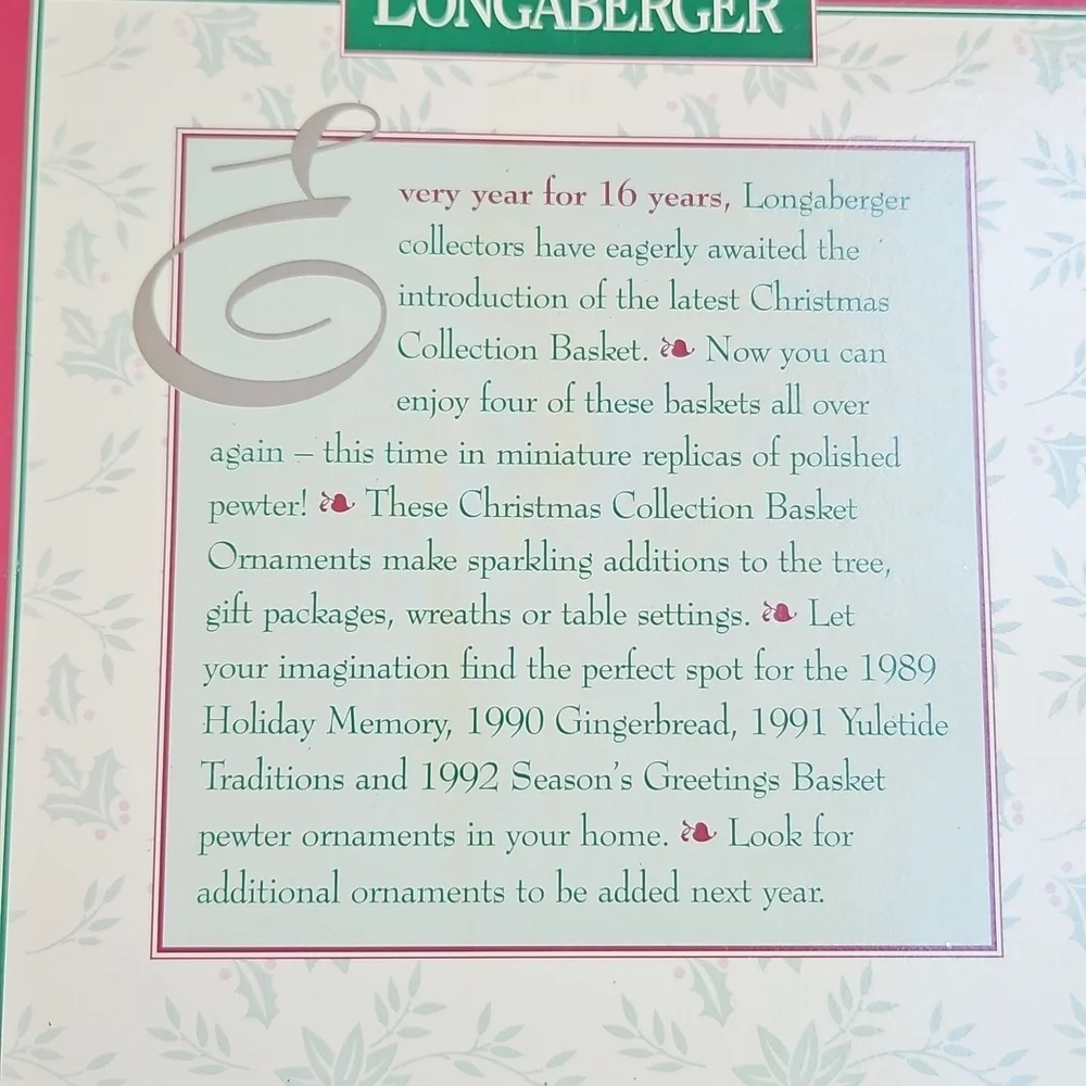 Longaberger Commemorative Pewter Holiday Basket Ornaments Set 1996 In Box